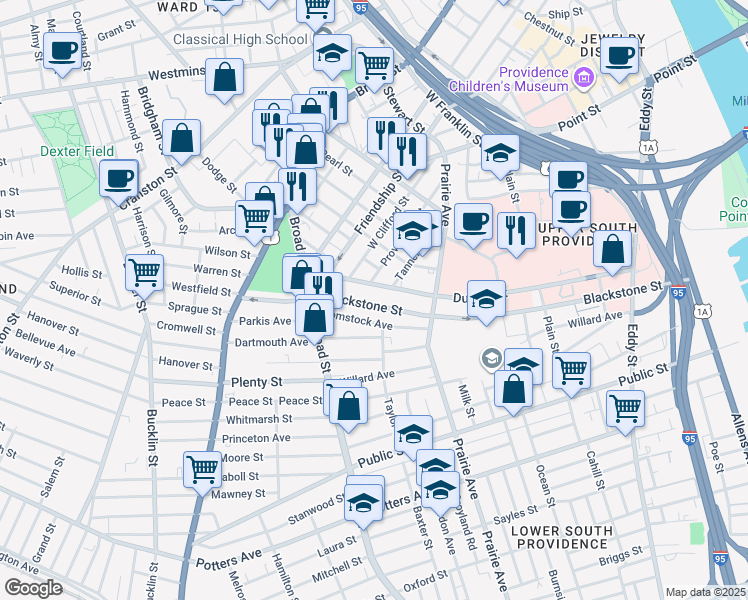 map of restaurants, bars, coffee shops, grocery stores, and more near 344 Blackstone Street in Providence
