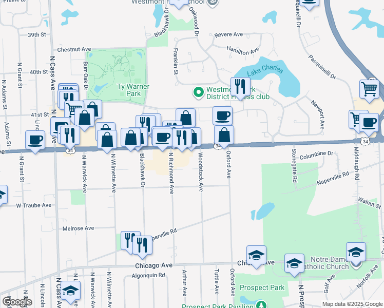 map of restaurants, bars, coffee shops, grocery stores, and more near 431 East Ogden Avenue in Clarendon Hills