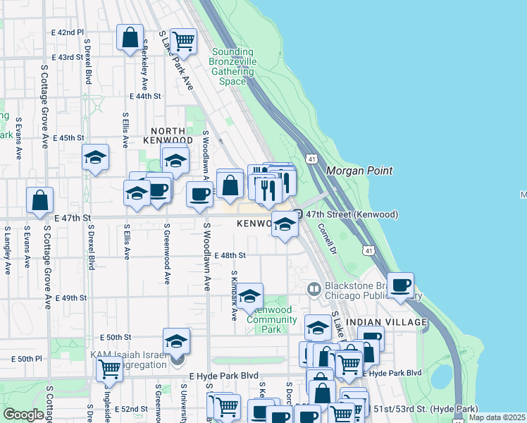map of restaurants, bars, coffee shops, grocery stores, and more near 1340 East 47th Street in Chicago