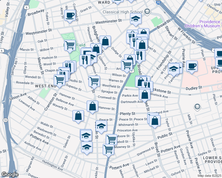 map of restaurants, bars, coffee shops, grocery stores, and more near 32 Sprague Street in Providence