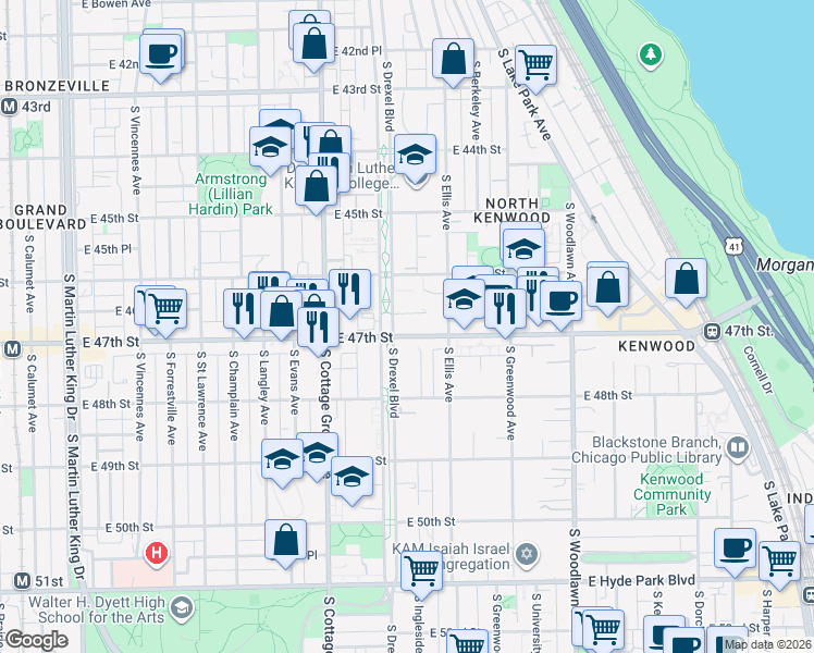 map of restaurants, bars, coffee shops, grocery stores, and more near 4659 South Drexel Boulevard in Chicago