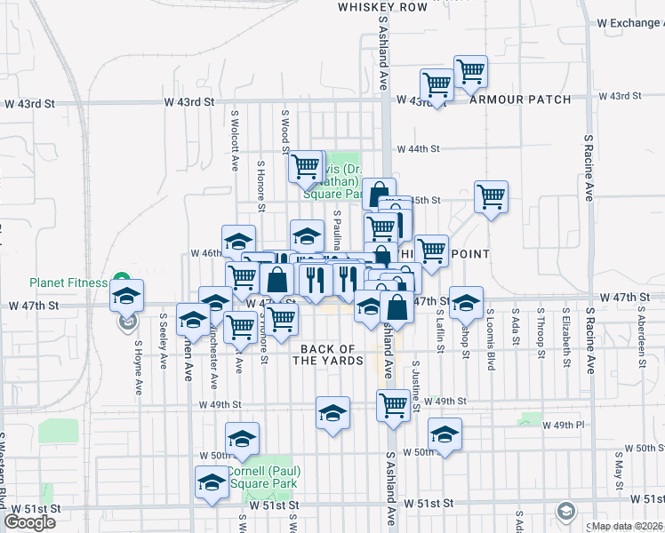 map of restaurants, bars, coffee shops, grocery stores, and more near 4632 South Paulina Street in Chicago
