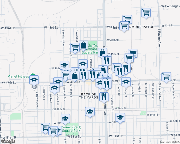 map of restaurants, bars, coffee shops, grocery stores, and more near 4614 South Paulina Street in Chicago