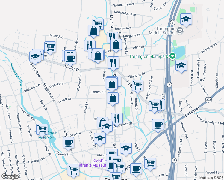 map of restaurants, bars, coffee shops, grocery stores, and more near 443 Main Street in Torrington