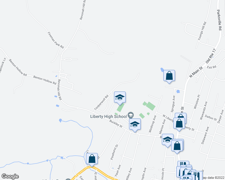 map of restaurants, bars, coffee shops, grocery stores, and more near 70 Timberwolf Road in Liberty