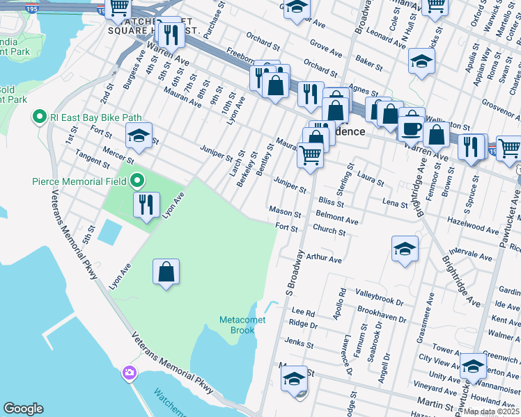 map of restaurants, bars, coffee shops, grocery stores, and more near 308 Fort Street in East Providence