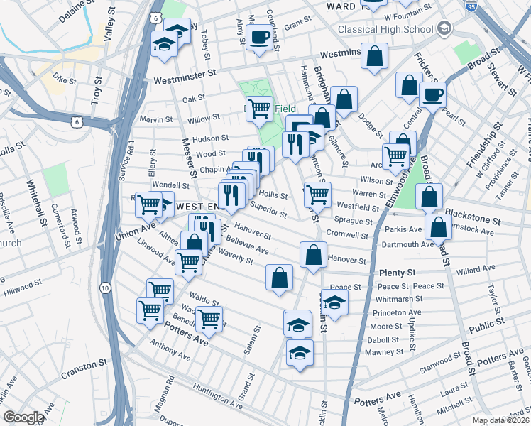 map of restaurants, bars, coffee shops, grocery stores, and more near 100 Ford Street in Providence