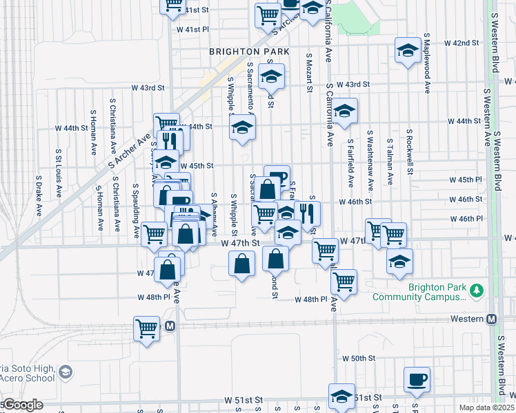 map of restaurants, bars, coffee shops, grocery stores, and more near 4617 South Sacramento Avenue in Chicago