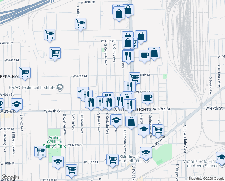 map of restaurants, bars, coffee shops, grocery stores, and more near 4607 South Karlov Avenue in Chicago