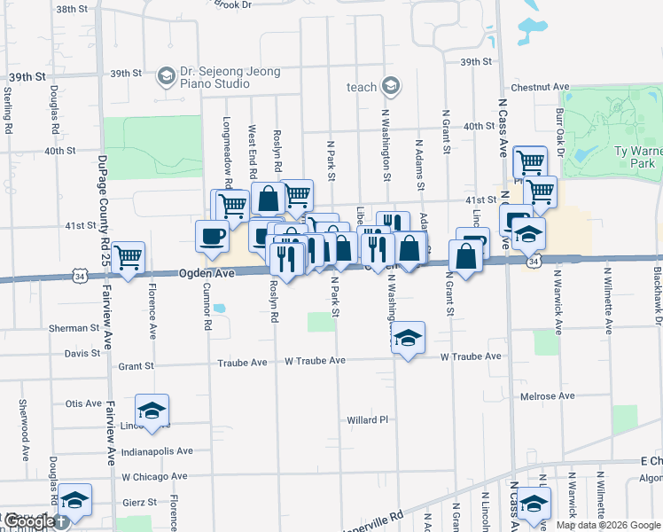 map of restaurants, bars, coffee shops, grocery stores, and more near 233 West Ogden Avenue in Westmont