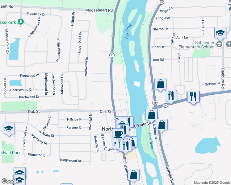 map of restaurants, bars, coffee shops, grocery stores, and more near 129 North Lincolnway Street in North Aurora