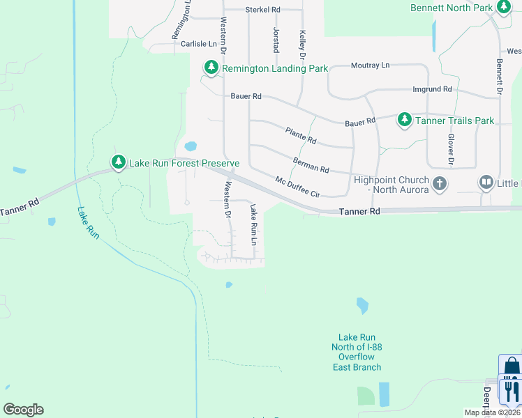 map of restaurants, bars, coffee shops, grocery stores, and more near 350 Lake Run Lane in North Aurora