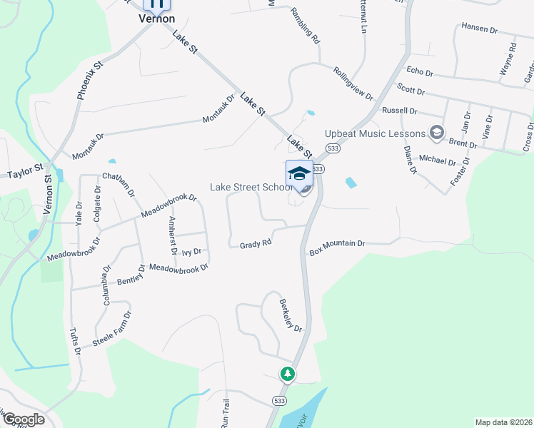 map of restaurants, bars, coffee shops, grocery stores, and more near 17 School Brook Lane in Vernon