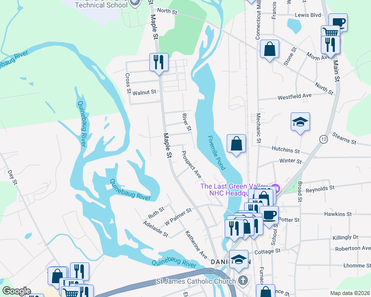 map of restaurants, bars, coffee shops, grocery stores, and more near 137 Prospect Avenue in Killingly