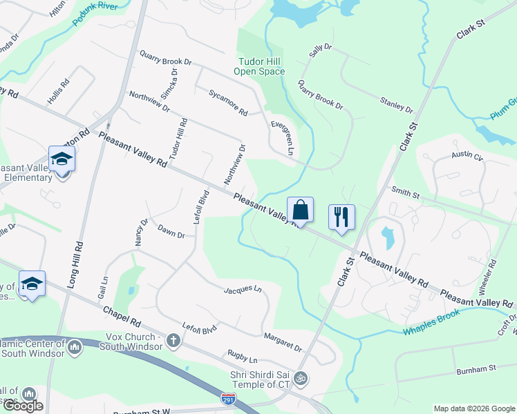 map of restaurants, bars, coffee shops, grocery stores, and more near 947 Pleasant Valley Road in South Windsor