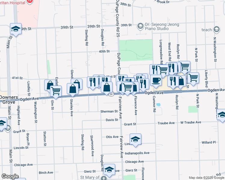 map of restaurants, bars, coffee shops, grocery stores, and more near 413 Ogden Avenue in Downers Grove