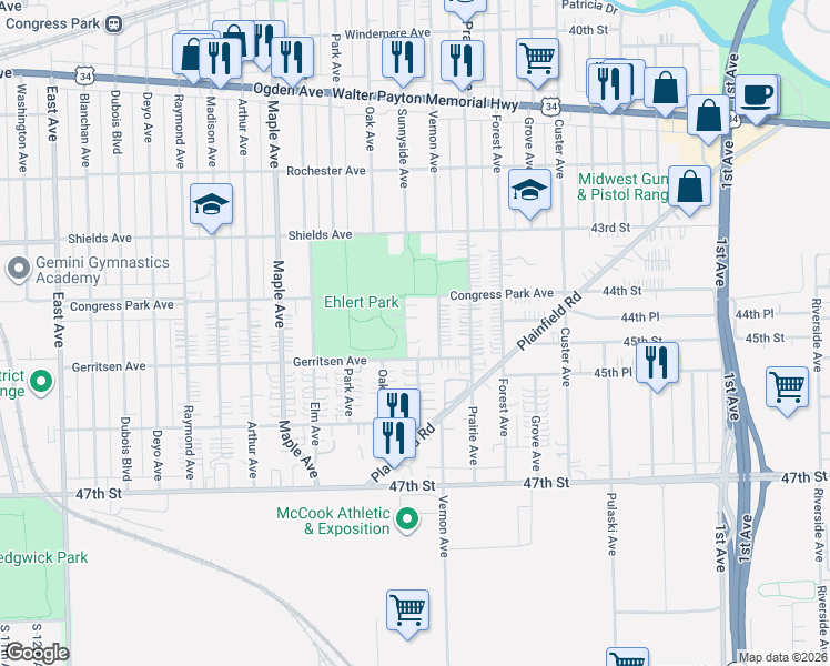 map of restaurants, bars, coffee shops, grocery stores, and more near 4437 Sunnyside Avenue in Brookfield