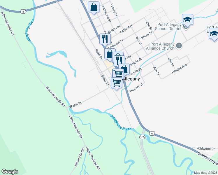 map of restaurants, bars, coffee shops, grocery stores, and more near 1 Glass Place in Port Allegany