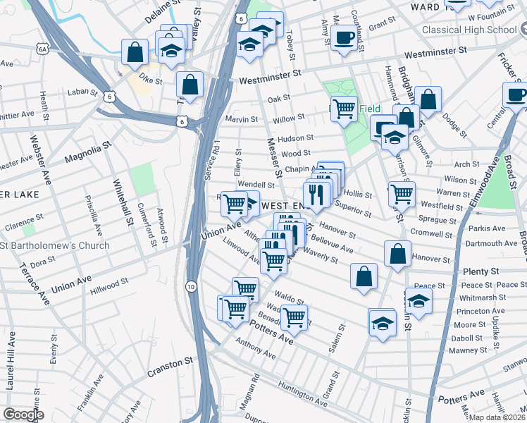 map of restaurants, bars, coffee shops, grocery stores, and more near 41 Union Avenue in Providence
