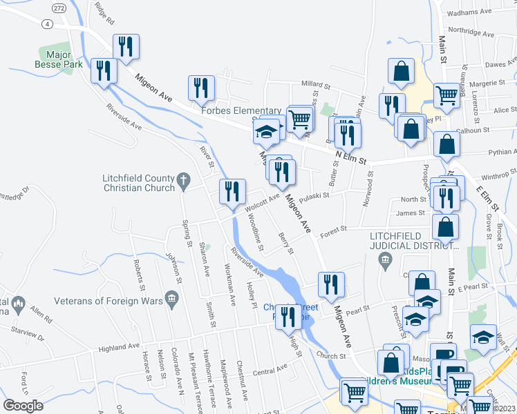 map of restaurants, bars, coffee shops, grocery stores, and more near 67 Wolcott Avenue in Torrington
