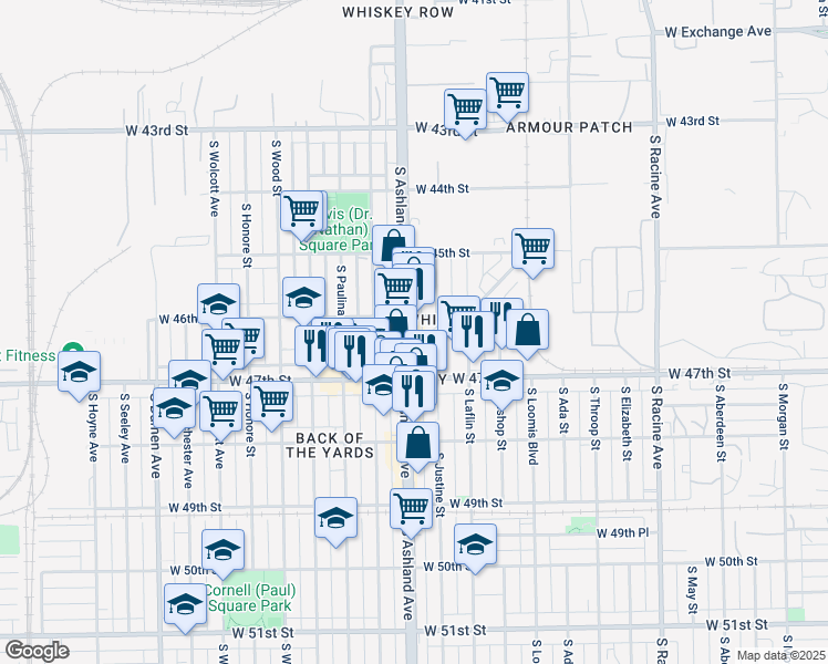 map of restaurants, bars, coffee shops, grocery stores, and more near 4629 South Ashland Avenue in Chicago