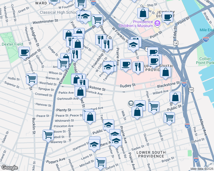 map of restaurants, bars, coffee shops, grocery stores, and more near 307 Blackstone Street in Providence