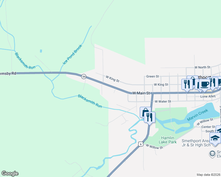 map of restaurants, bars, coffee shops, grocery stores, and more near 6 Simms Drive in Smethport