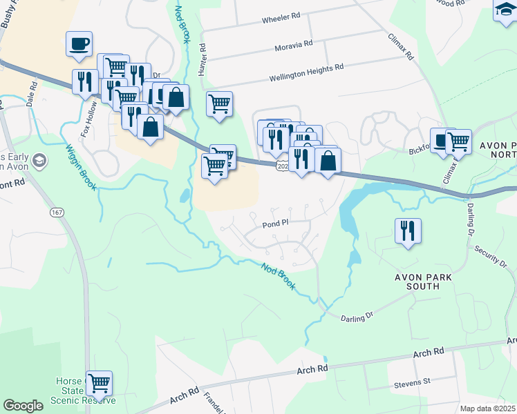 map of restaurants, bars, coffee shops, grocery stores, and more near 6 Finch Run in Avon