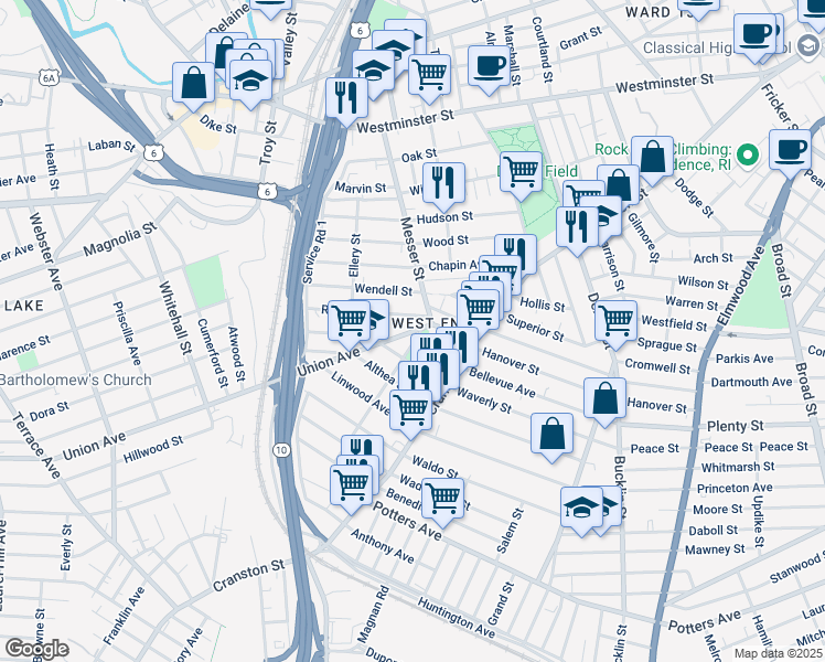 map of restaurants, bars, coffee shops, grocery stores, and more near 9 Sorrento Street in Providence