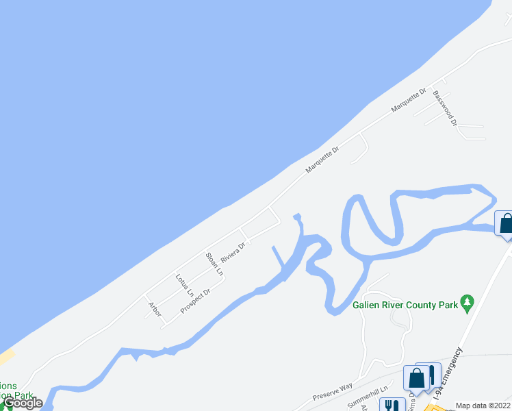 map of restaurants, bars, coffee shops, grocery stores, and more near 11509 Marquette Drive in New Buffalo