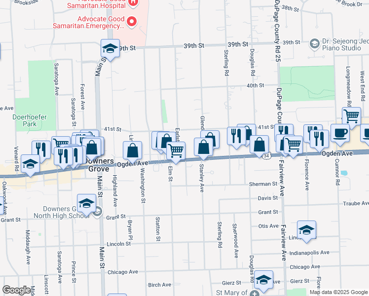 map of restaurants, bars, coffee shops, grocery stores, and more near 724 Ogden Avenue in Downers Grove