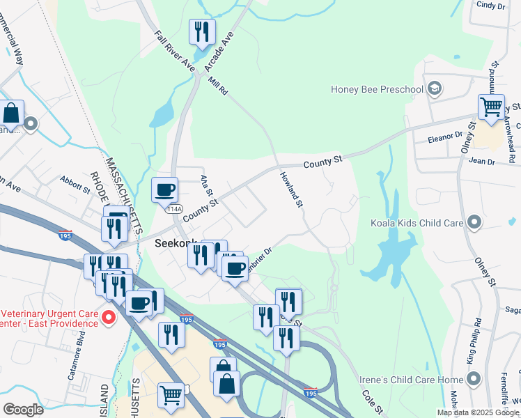 map of restaurants, bars, coffee shops, grocery stores, and more near 68 Chappell Street in Seekonk