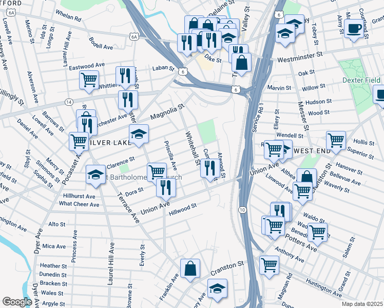 map of restaurants, bars, coffee shops, grocery stores, and more near 56 Progress Avenue in Providence