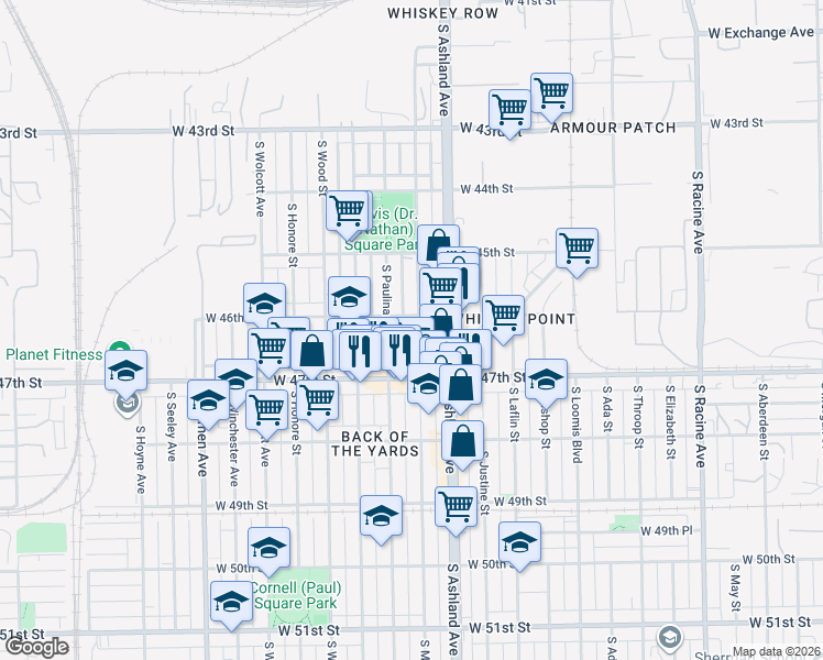 map of restaurants, bars, coffee shops, grocery stores, and more near 4615 South Marshfield Avenue in Chicago