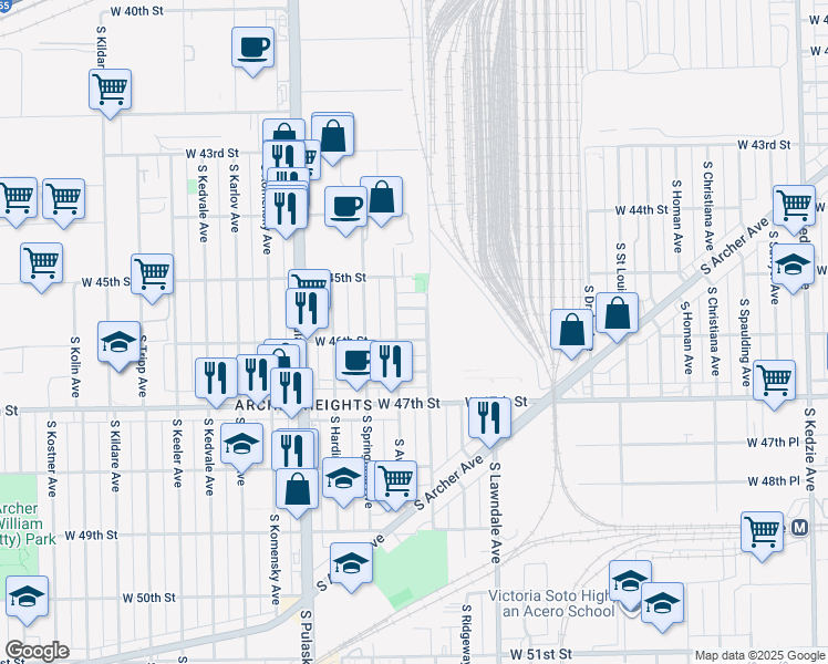 map of restaurants, bars, coffee shops, grocery stores, and more near 4604 South Avers Avenue in Chicago