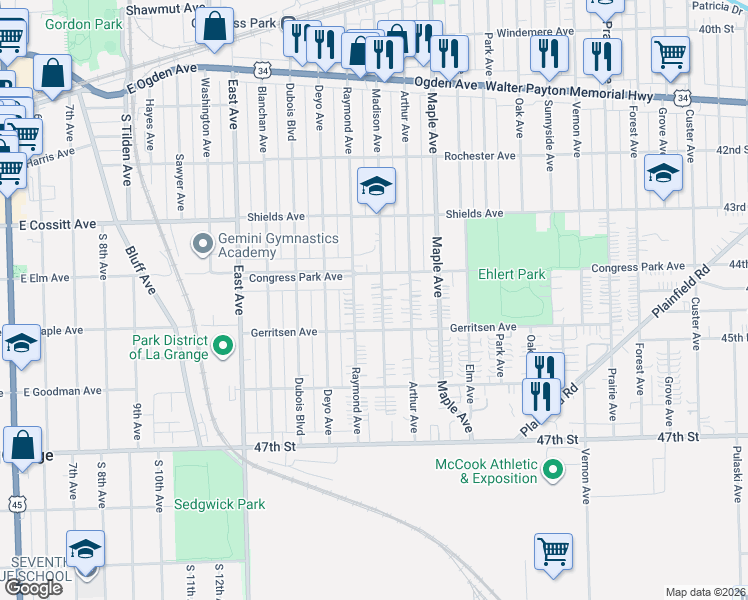 map of restaurants, bars, coffee shops, grocery stores, and more near 4437 Madison Avenue in Brookfield