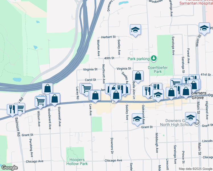 map of restaurants, bars, coffee shops, grocery stores, and more near 4219 Northcott Avenue in Downers Grove