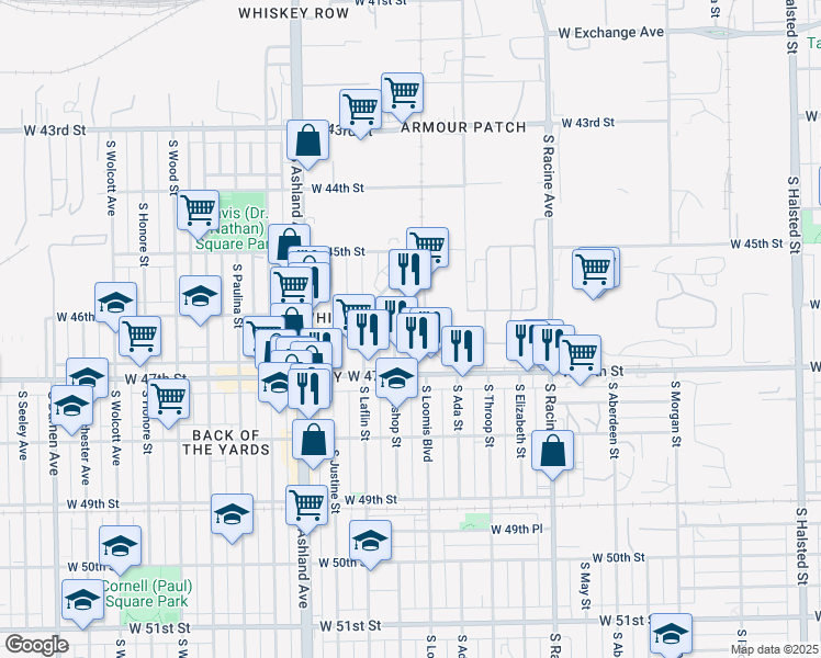 map of restaurants, bars, coffee shops, grocery stores, and more near 1400 West 47th Street in Chicago