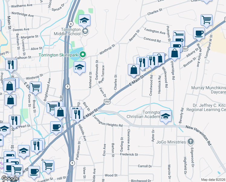 map of restaurants, bars, coffee shops, grocery stores, and more near 677 U.S. 202 in Torrington