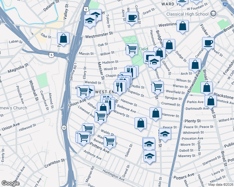 map of restaurants, bars, coffee shops, grocery stores, and more near 217 Hanover Street in Providence