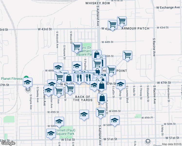 map of restaurants, bars, coffee shops, grocery stores, and more near 4615 South Marshfield Avenue in Chicago