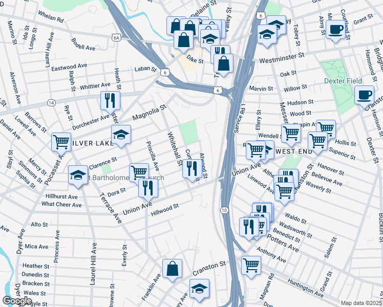 map of restaurants, bars, coffee shops, grocery stores, and more near 54 Cumerford Street in Providence
