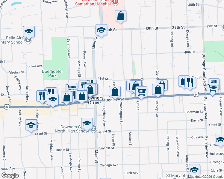 map of restaurants, bars, coffee shops, grocery stores, and more near 898 Ogden Avenue in Downers Grove