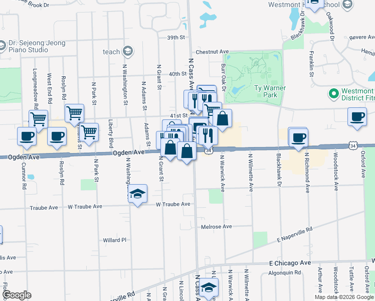 map of restaurants, bars, coffee shops, grocery stores, and more near 9 Ogden Avenue in Westmont