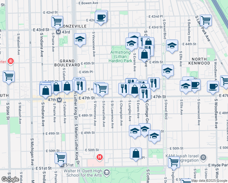 map of restaurants, bars, coffee shops, grocery stores, and more near 4639 South Saint Lawrence Avenue in Chicago