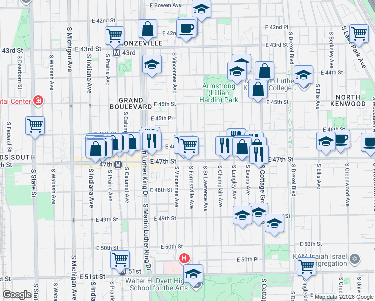 map of restaurants, bars, coffee shops, grocery stores, and more near 506 East 47th Street in Chicago