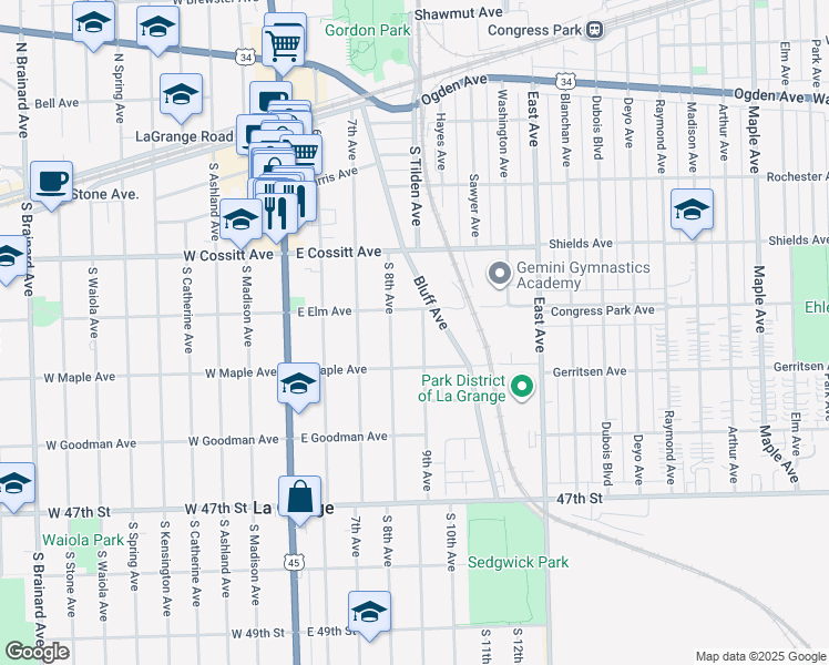 map of restaurants, bars, coffee shops, grocery stores, and more near 233 9th Avenue in La Grange