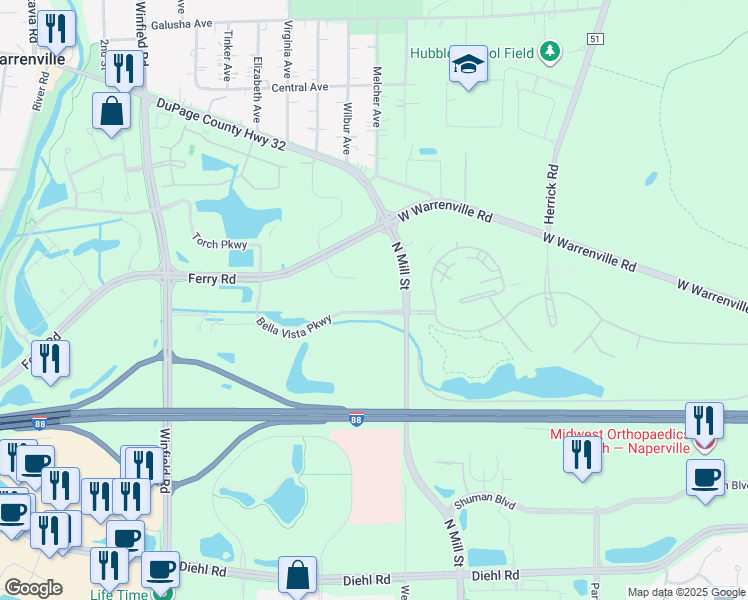 map of restaurants, bars, coffee shops, grocery stores, and more near 4200 Cantera Drive in Warrenville