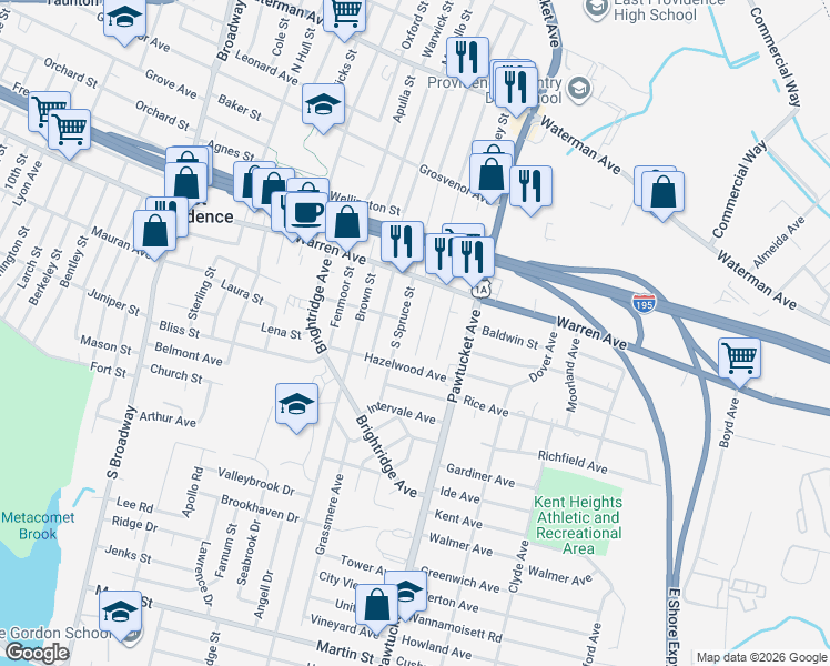 map of restaurants, bars, coffee shops, grocery stores, and more near 162 South Rose Street in East Providence