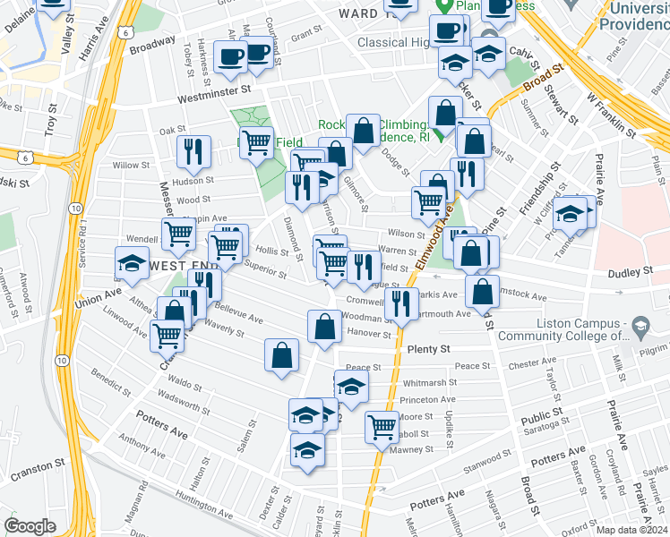 map of restaurants, bars, coffee shops, grocery stores, and more near 249 Sprague Street in Providence
